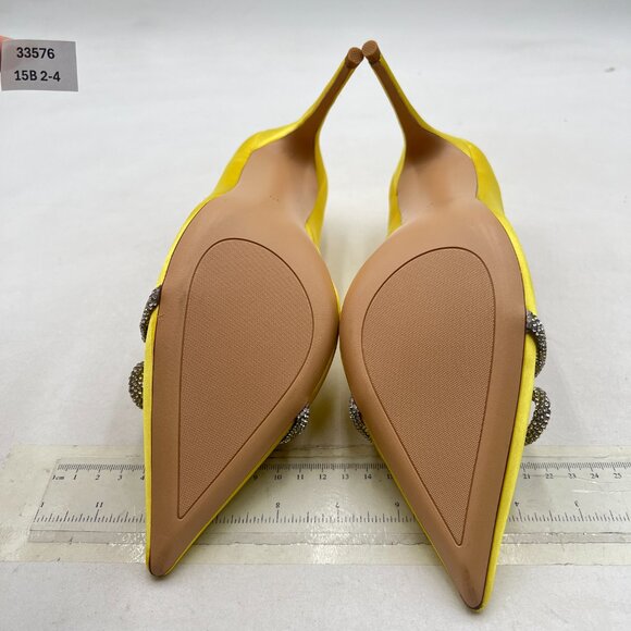 FSJ Yellow Pointed Toe High Heel Pumps Slip On Sparkling Rhinestone Bowknot Shoe - Picture 7 of 8